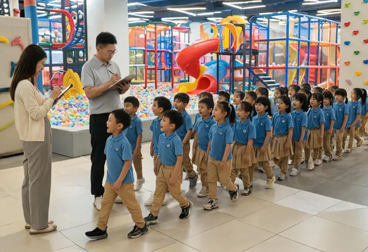 School group entering a commercial indoor playground