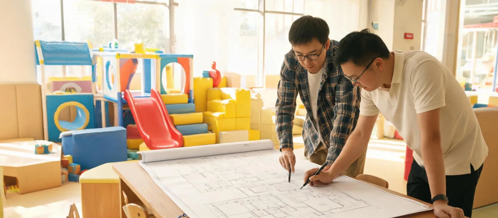 Operator reviewing an indoor playground floor plan