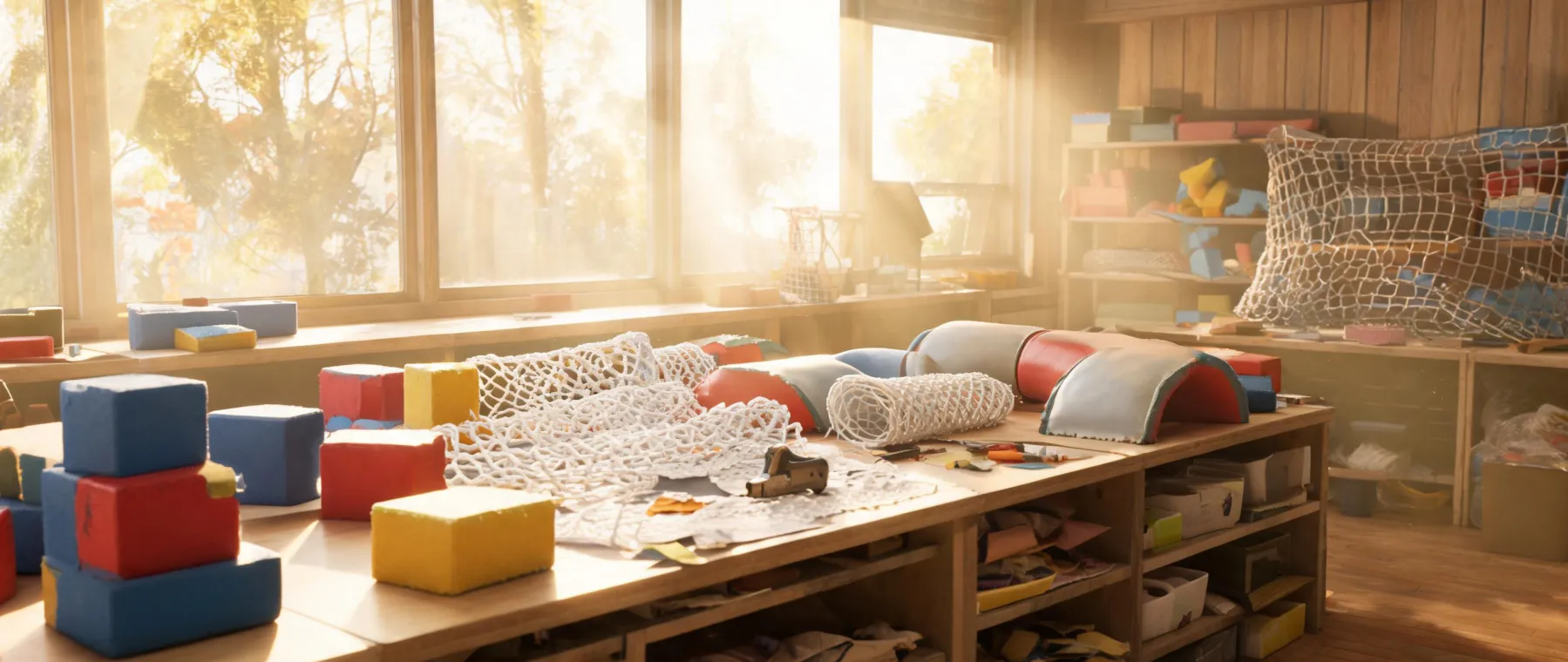 Repairable soft-play components in a sunlit workshop